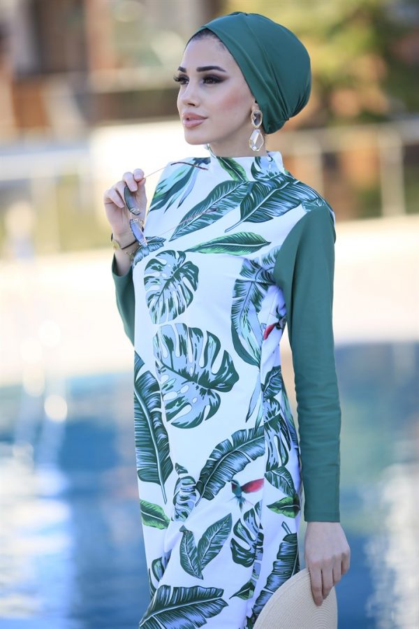 Burkini à couverture complète de feuilles vertes